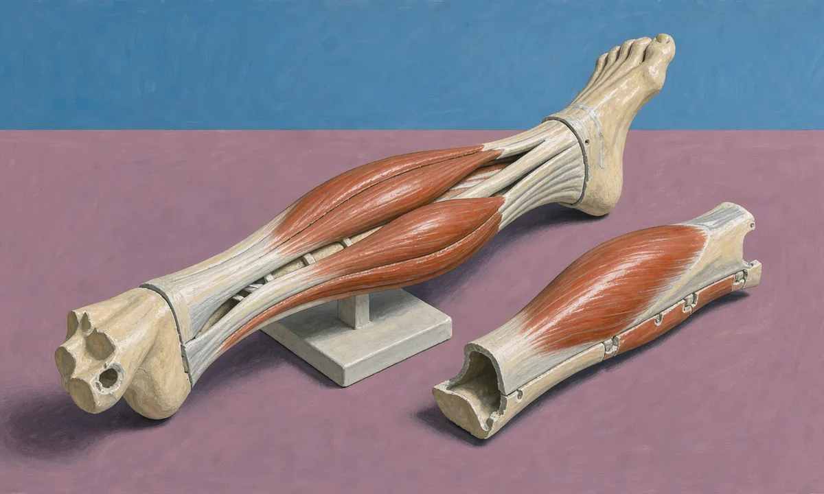 A lower-leg teaching model with exposed calf muscle bundles on a mauve tabletop