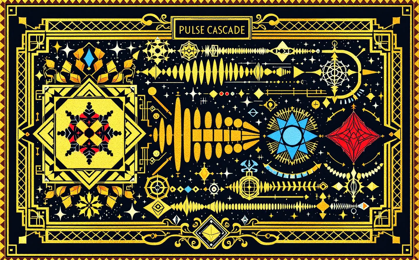 An ornamental carnival-banner schematic of a growth-hormone / IGF-1 pulse cascade — a gold pituitary-receptor emblem flowing into a procession of pulse-bursts to a blue IGF-1 node and a green lipolysis node, framed in gold on a deep cool ink ground